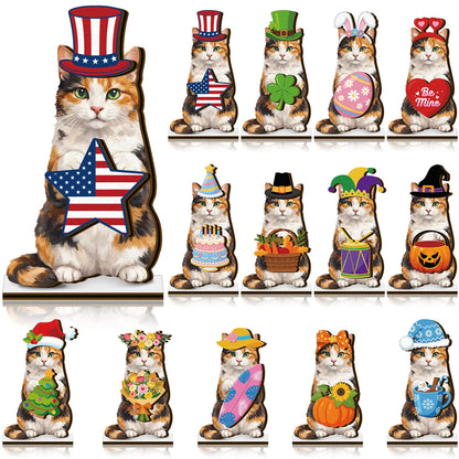 🐱 Interchangeable Seasonal Cat Wooden Decor – Holiday Desk & Home Decoration