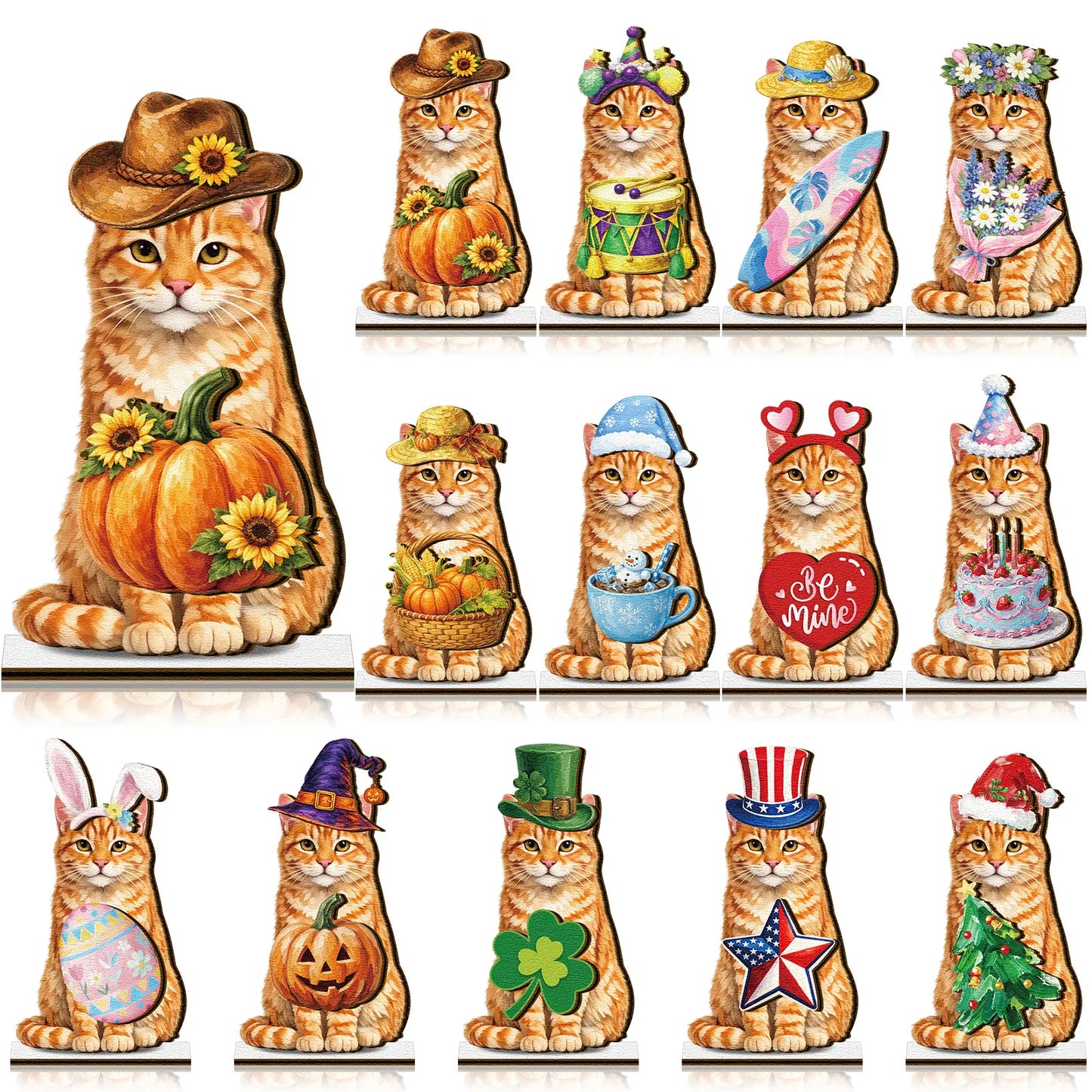 🐱 Interchangeable Seasonal Cat Wooden Decor – Holiday Desk & Home Decoration
