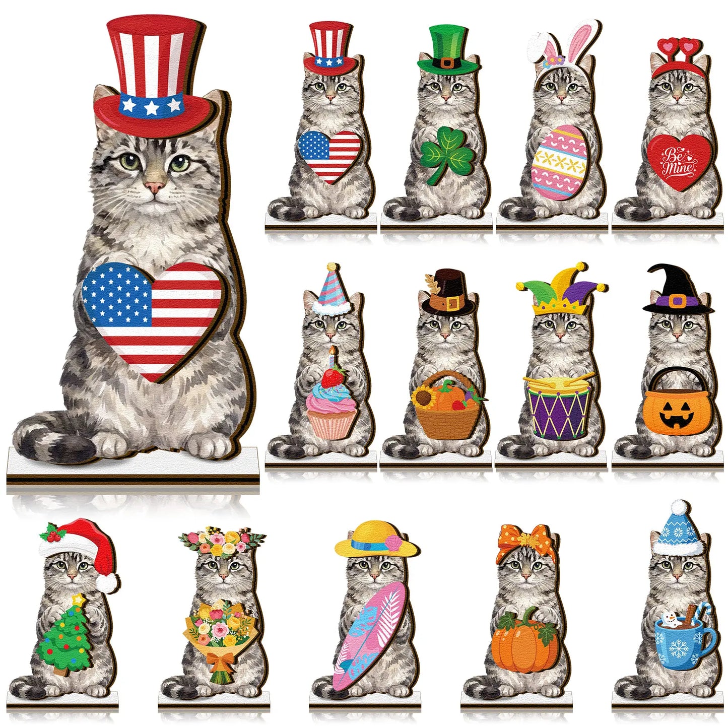 🐱 Interchangeable Seasonal Cat Wooden Decor – Holiday Desk & Home Decoration