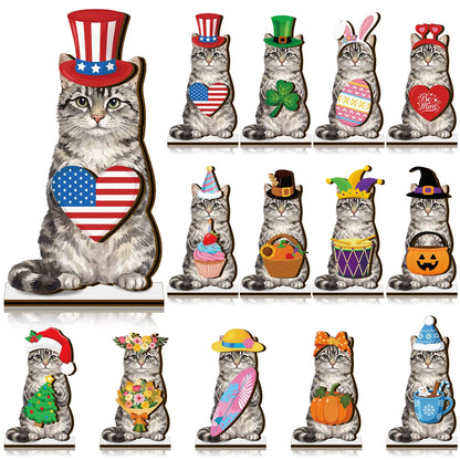 🐱 Interchangeable Seasonal Cat Wooden Decor – Holiday Desk & Home Decoration