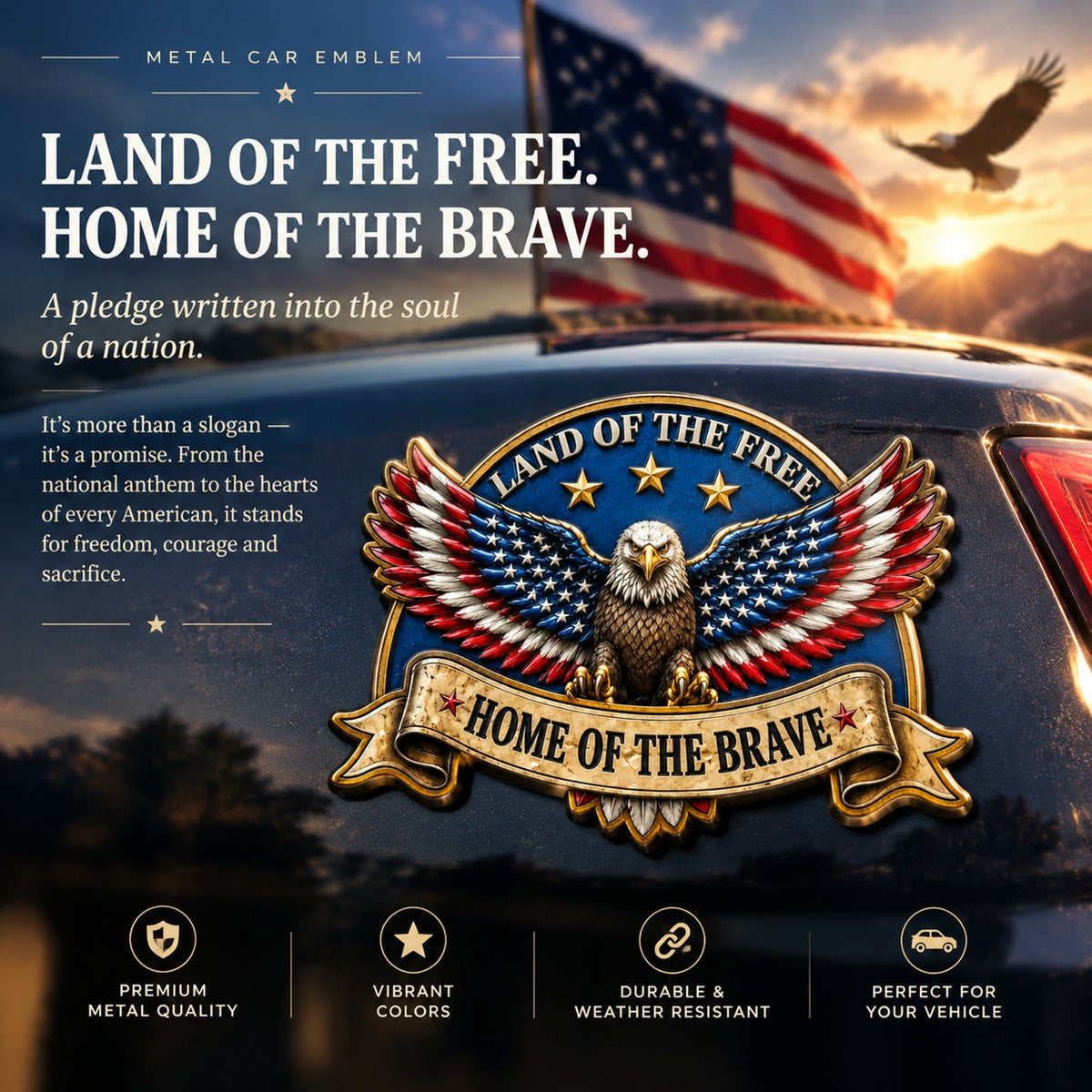 🦅'LAND OF THE FREE · HOME OF THE BRAVE' Eagle Metal Car Emblem