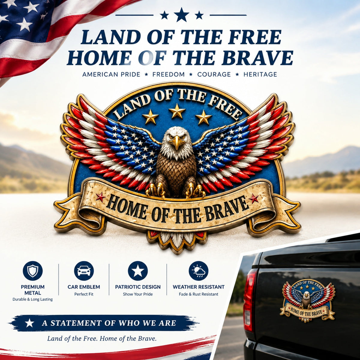 🦅'LAND OF THE FREE · HOME OF THE BRAVE' Eagle Metal Car Emblem