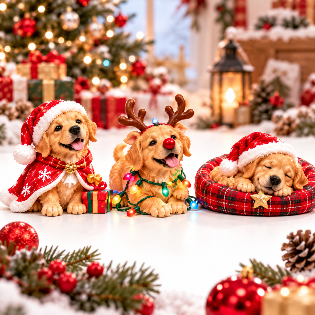 Festive Golden Retriever Christmas puppy trio