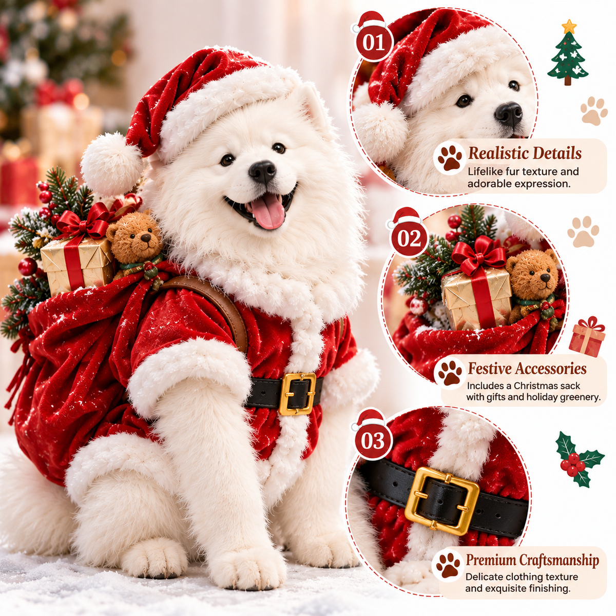 Close-up of a festive Samoyed Santa miniature and decorative details