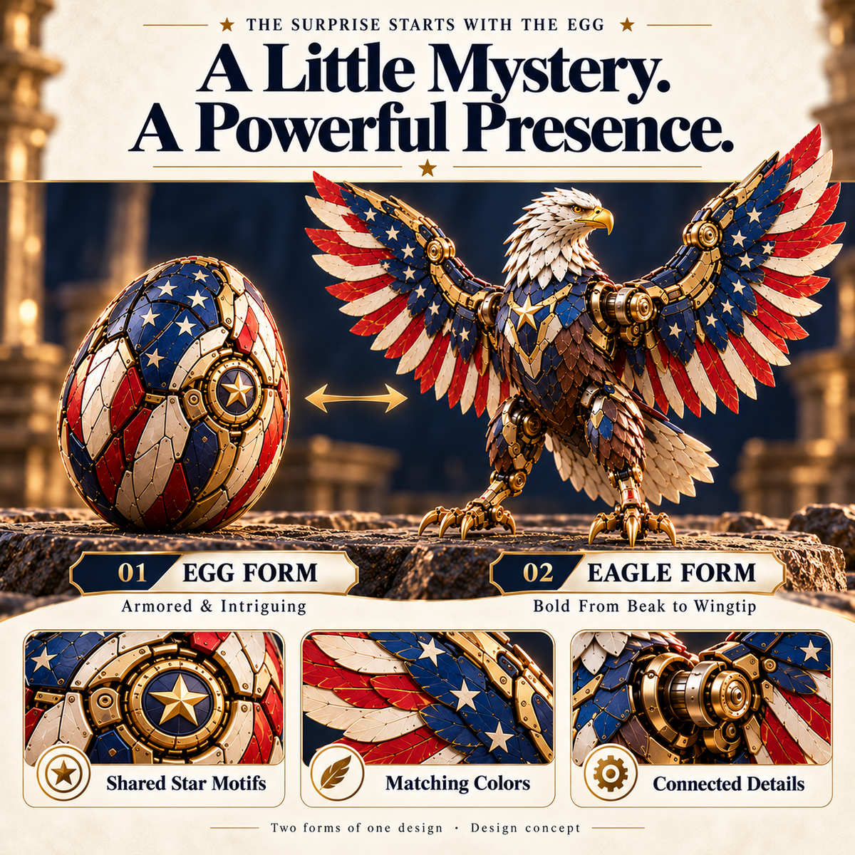 🦅 American Eagle Transforming Egg – Stars & Stripes Mechanical Figure with Bold Wing Details