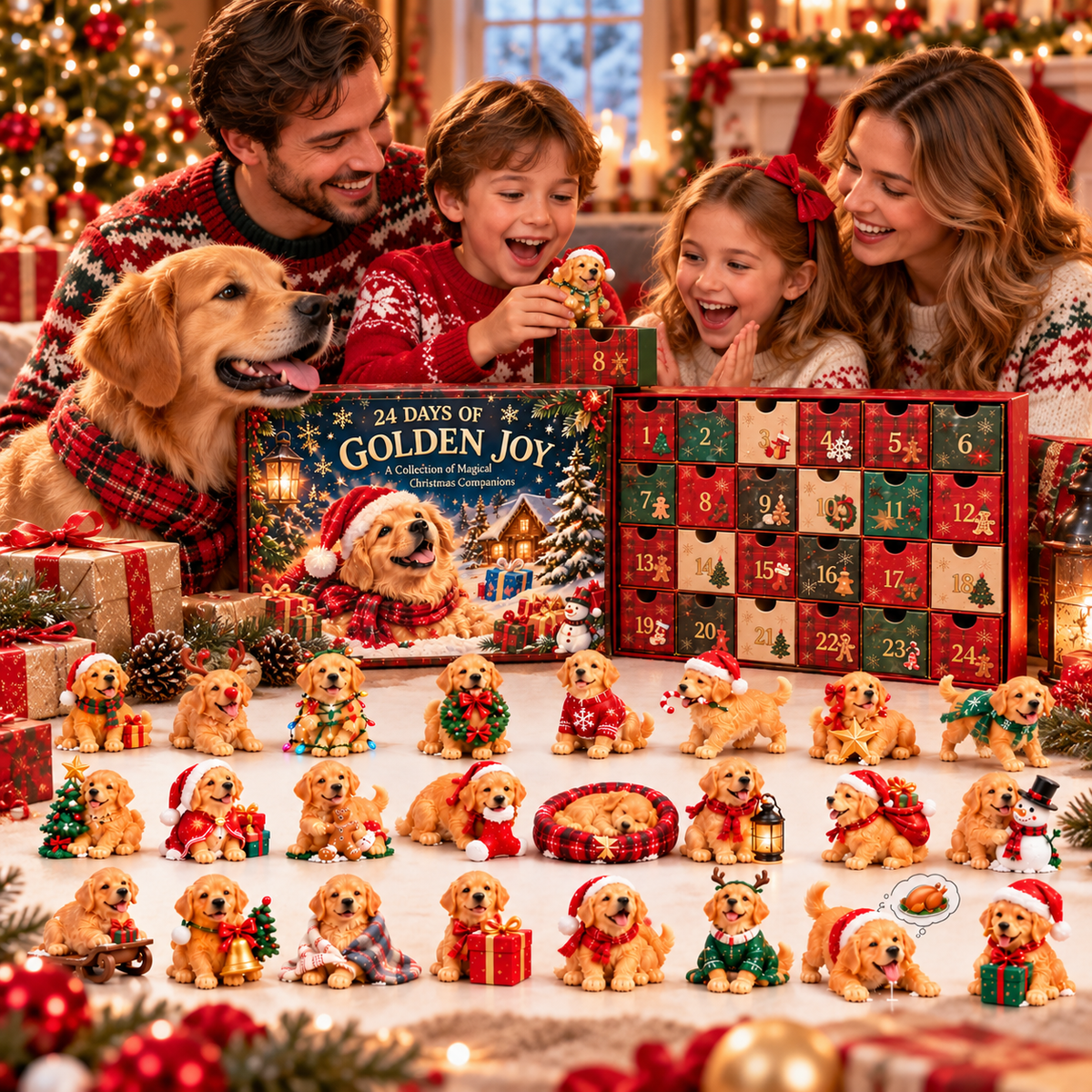 Family enjoying Golden Retriever Christmas Advent Calendar