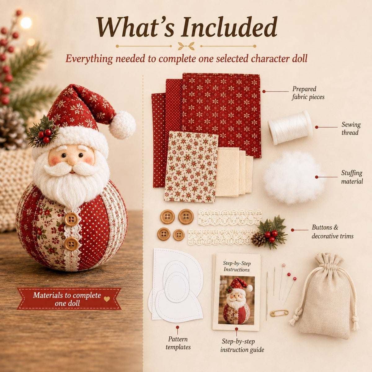 🎄 Christmas Fabric Doll DIY Kit
