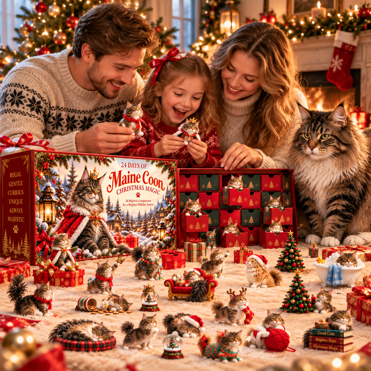 Family opening Maine Coon Christmas advent calendar together