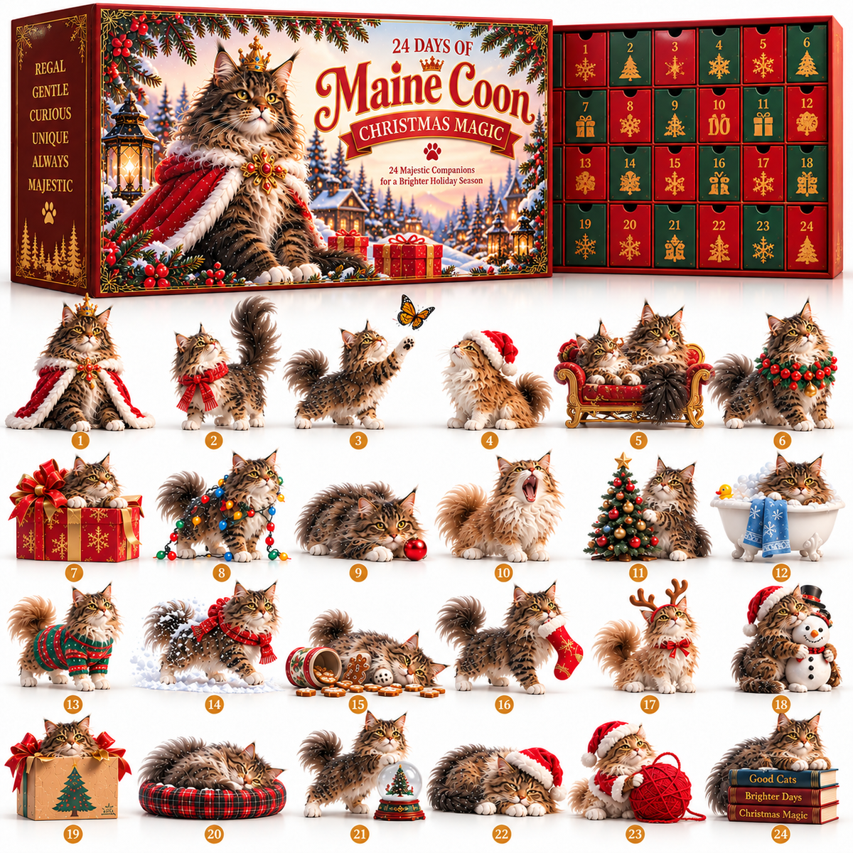 Maine Coon Christmas advent calendar and 24 figurines
