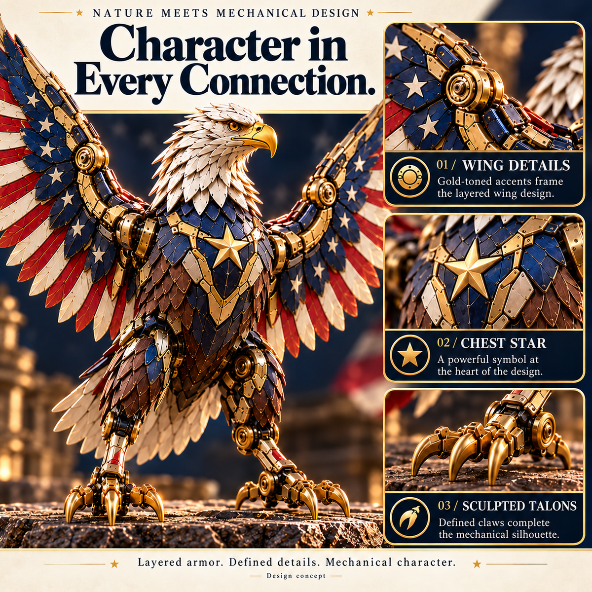 🦅 American Eagle Transforming Egg – Stars & Stripes Mechanical Figure with Bold Wing Details