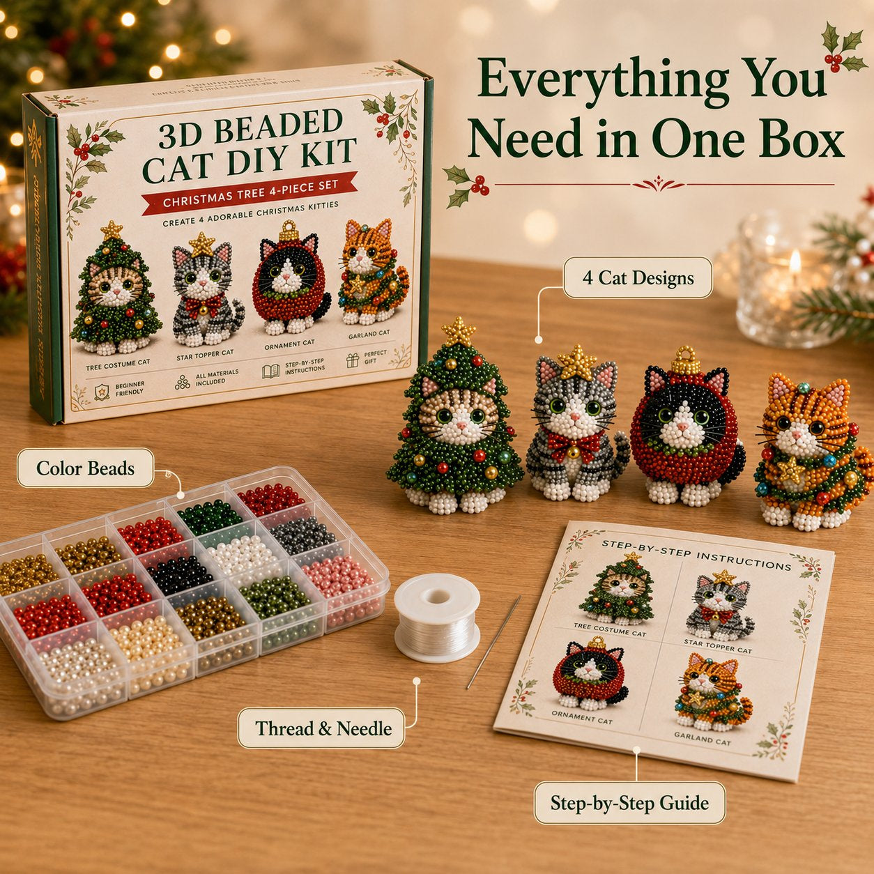 🐱🎄 Premium 3D Beaded Christmas Cats DIY Kit | Luxury Flocked Canvas with Scratch-Resistant Non-Fading Pearl Beads DIY Holiday Decor & Step-by-Step Guide ✨