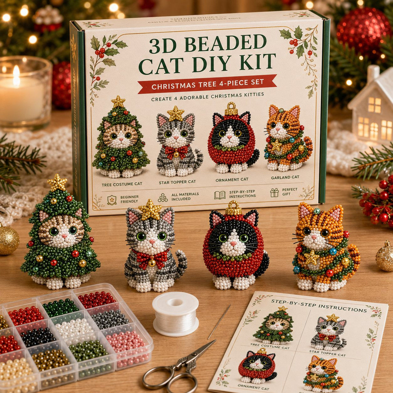 🐱🎄 Premium 3D Beaded Christmas Cats DIY Kit | Luxury Flocked Canvas with Scratch-Resistant Non-Fading Pearl Beads DIY Holiday Decor & Step-by-Step Guide ✨