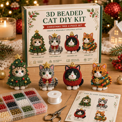 🐱🎄 Premium 3D Beaded Christmas Cats DIY Kit | Luxury Flocked Canvas with Scratch-Resistant Non-Fading Pearl Beads DIY Holiday Decor & Step-by-Step Guide ✨