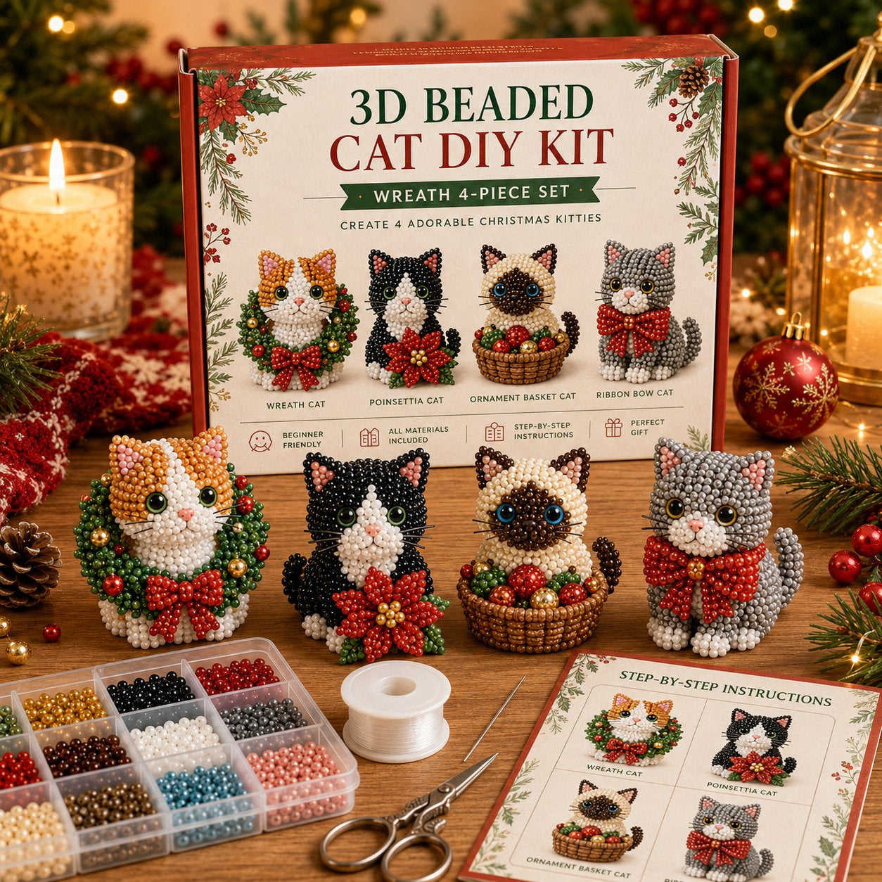🐱🎄 Premium 3D Beaded Christmas Cats DIY Kit | Luxury Flocked Canvas with Scratch-Resistant Non-Fading Pearl Beads DIY Holiday Decor & Step-by-Step Guide ✨