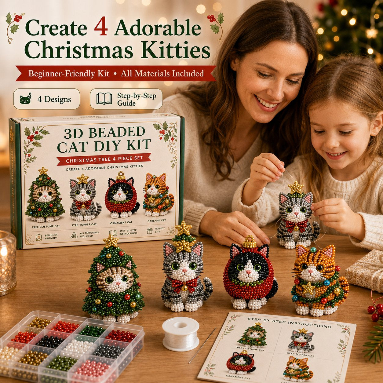 🐱🎄 Premium 3D Beaded Christmas Cats DIY Kit | Luxury Flocked Canvas with Scratch-Resistant Non-Fading Pearl Beads DIY Holiday Decor & Step-by-Step Guide ✨