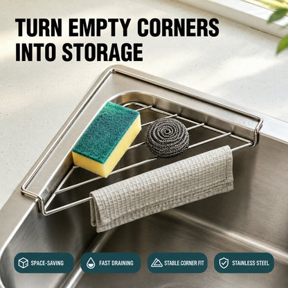 🧽 Stainless Steel Corner Sink Shelf – Triangular Drainage Rack for Sponge, Cloth & Brush Storage