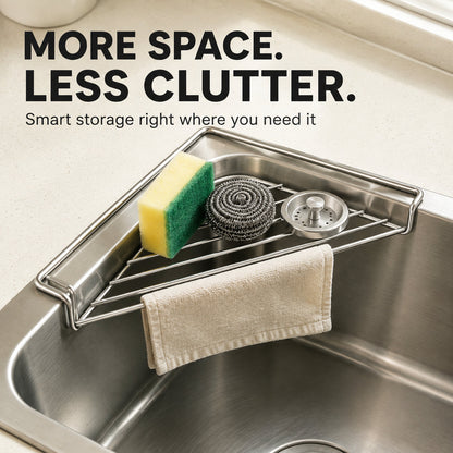 🧽 Stainless Steel Corner Sink Shelf – Triangular Drainage Rack for Sponge, Cloth & Brush Storage