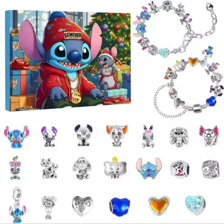 Ohana Edition Advent charm bracelet set with blue colorful character ornaments and beads