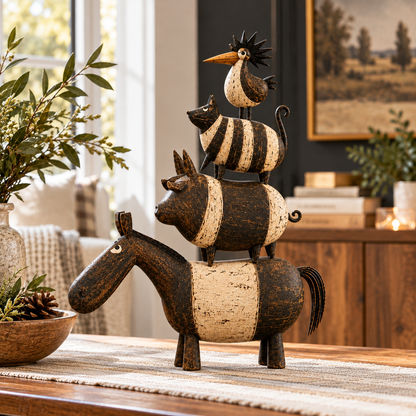 Four Friends Folk Art Stack™ – Rustic Stacked Animal Sculpture for Farmhouse Home Decor