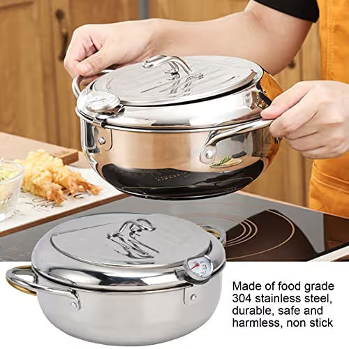 🔥304 Stainless Steel Frying Pot with Thermometer and Oil Drip Drainer Rack