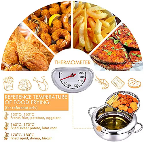 🔥304 Stainless Steel Frying Pot with Thermometer and Oil Drip Drainer Rack