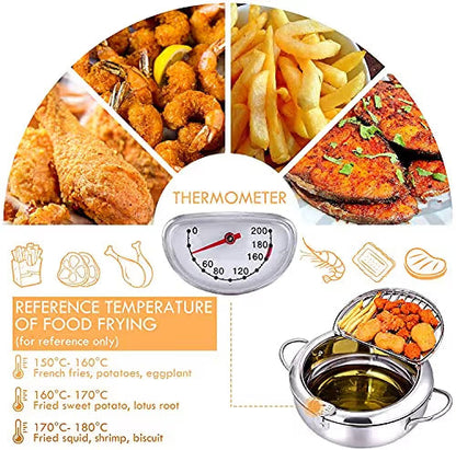 🔥304 Stainless Steel Frying Pot with Thermometer and Oil Drip Drainer Rack
