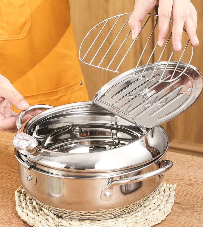 🔥304 Stainless Steel Frying Pot with Thermometer and Oil Drip Drainer Rack