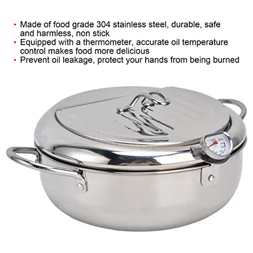 🔥304 Stainless Steel Frying Pot with Thermometer and Oil Drip Drainer Rack