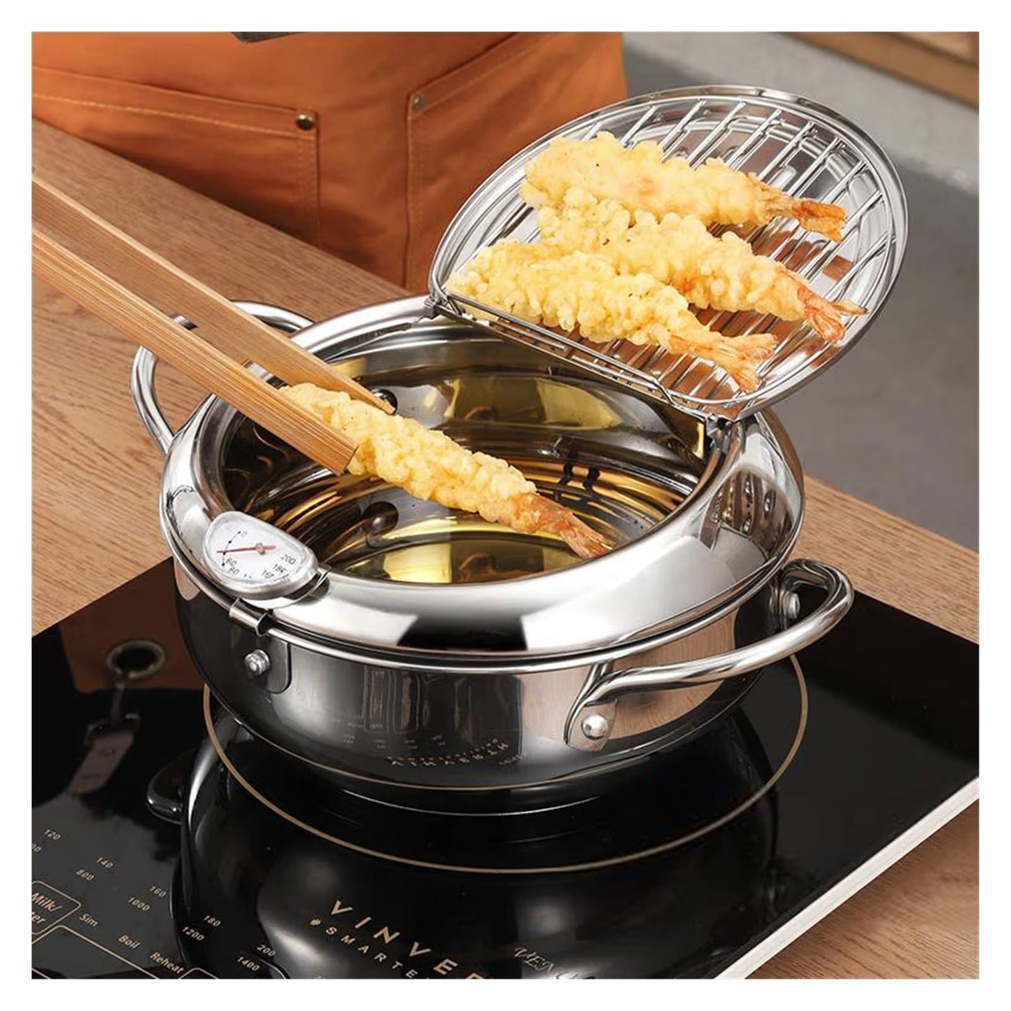 🔥304 Stainless Steel Frying Pot with Thermometer and Oil Drip Drainer Rack