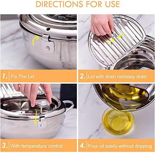 🔥304 Stainless Steel Frying Pot with Thermometer and Oil Drip Drainer Rack