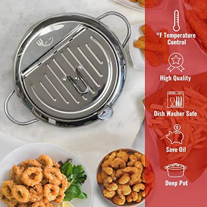 🔥304 Stainless Steel Frying Pot with Thermometer and Oil Drip Drainer Rack