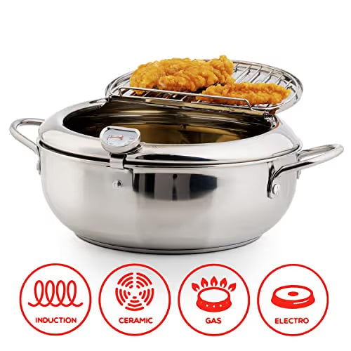 🔥304 Stainless Steel Frying Pot with Thermometer and Oil Drip Drainer Rack