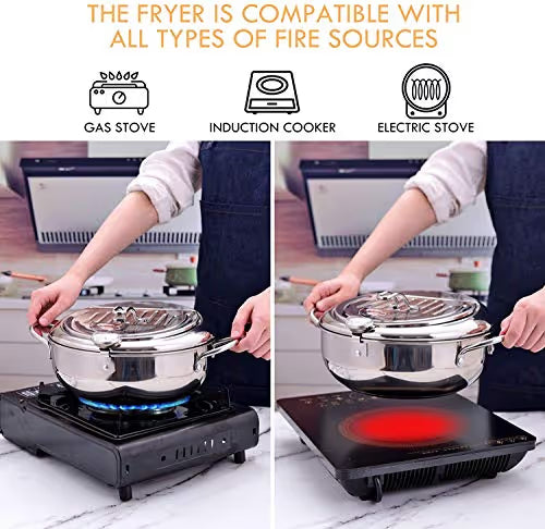 🔥304 Stainless Steel Frying Pot with Thermometer and Oil Drip Drainer Rack