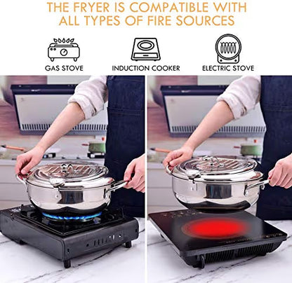 🔥304 Stainless Steel Frying Pot with Thermometer and Oil Drip Drainer Rack