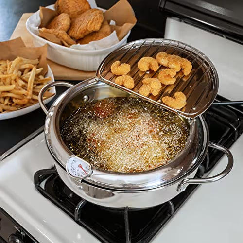 🔥304 Stainless Steel Frying Pot with Thermometer and Oil Drip Drainer Rack