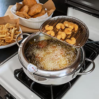 🔥304 Stainless Steel Frying Pot with Thermometer and Oil Drip Drainer Rack