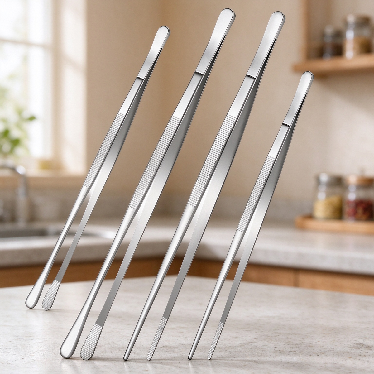 🍳4-Piece Stainless Steel Kitchen Tweezer Set – 10″ & 12″ Cooking and Plating Tongs