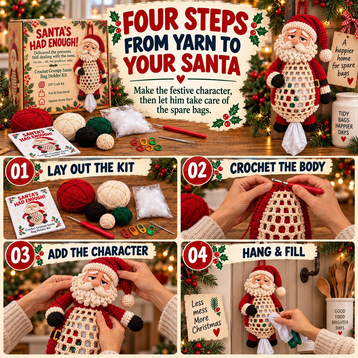 ⏳ Last Day 49% OFF – 🧶 Beginner-Friendly Christmas Crochet Bag Holder DIY Kit | 4 Festive Designs with Yarn, Tools & Guide Included 🎄