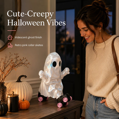 Retro Roller Skate Pearl Ghost Statue, Sweet & Edgy Decor for Seasonal Display