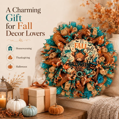 🐮🍂 Highland Cow Fall Halloween Wreath – Cozy Autumn Front Door Decor with Teal & Orange Buffalo Plaid Design for Thanksgiving, Harvest & Spooky Season 🚪🎁