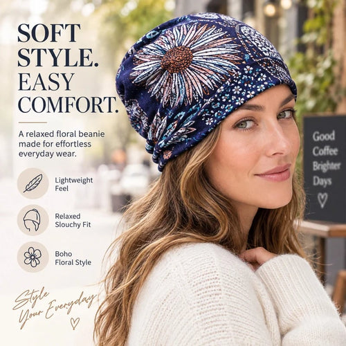 🔥HOT SALE🔥Boho Floral Slouchy Beanie for Women Lightweight Soft Stretchy Hat