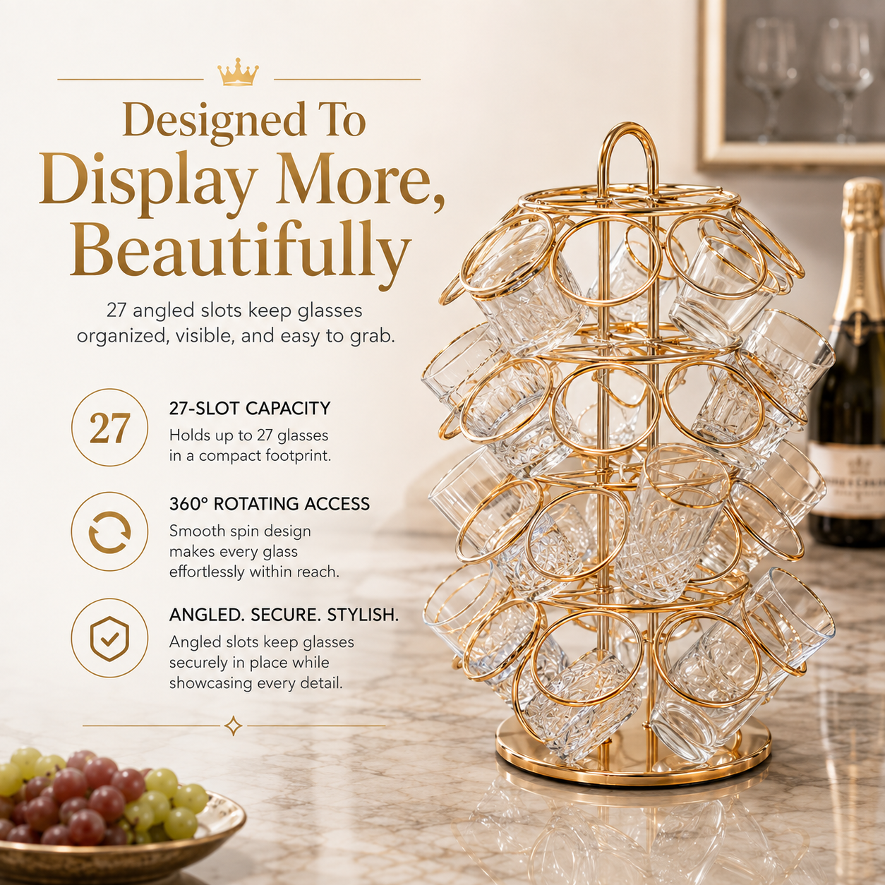 🍸 27-Slot Rotating Shot Glass Holder | Luxury Home Bar Display Rack & Cocktail Decor