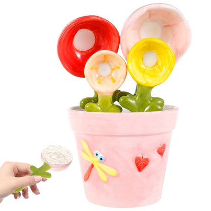 Ceramic Flower Measuring Spoons Set with Pink Pot Holder 🌸