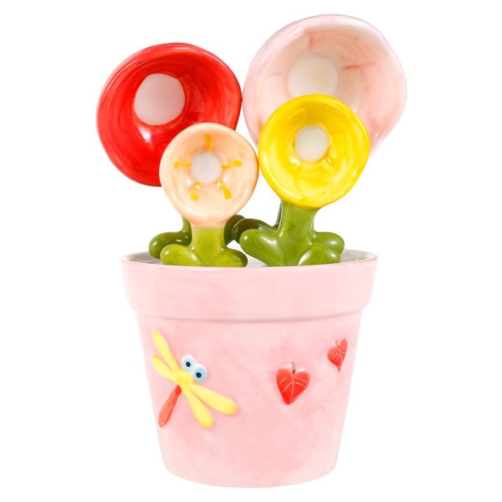 Ceramic Flower Measuring Spoons Set with Pink Pot Holder 🌸