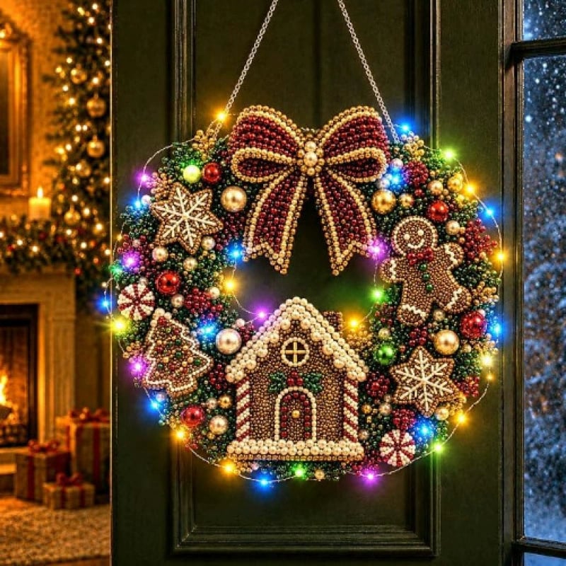LED Weihnachts-Perlen-Diamantbild – Funkelnde Weihnachtskranz-Dekoration mit 19 Motiven