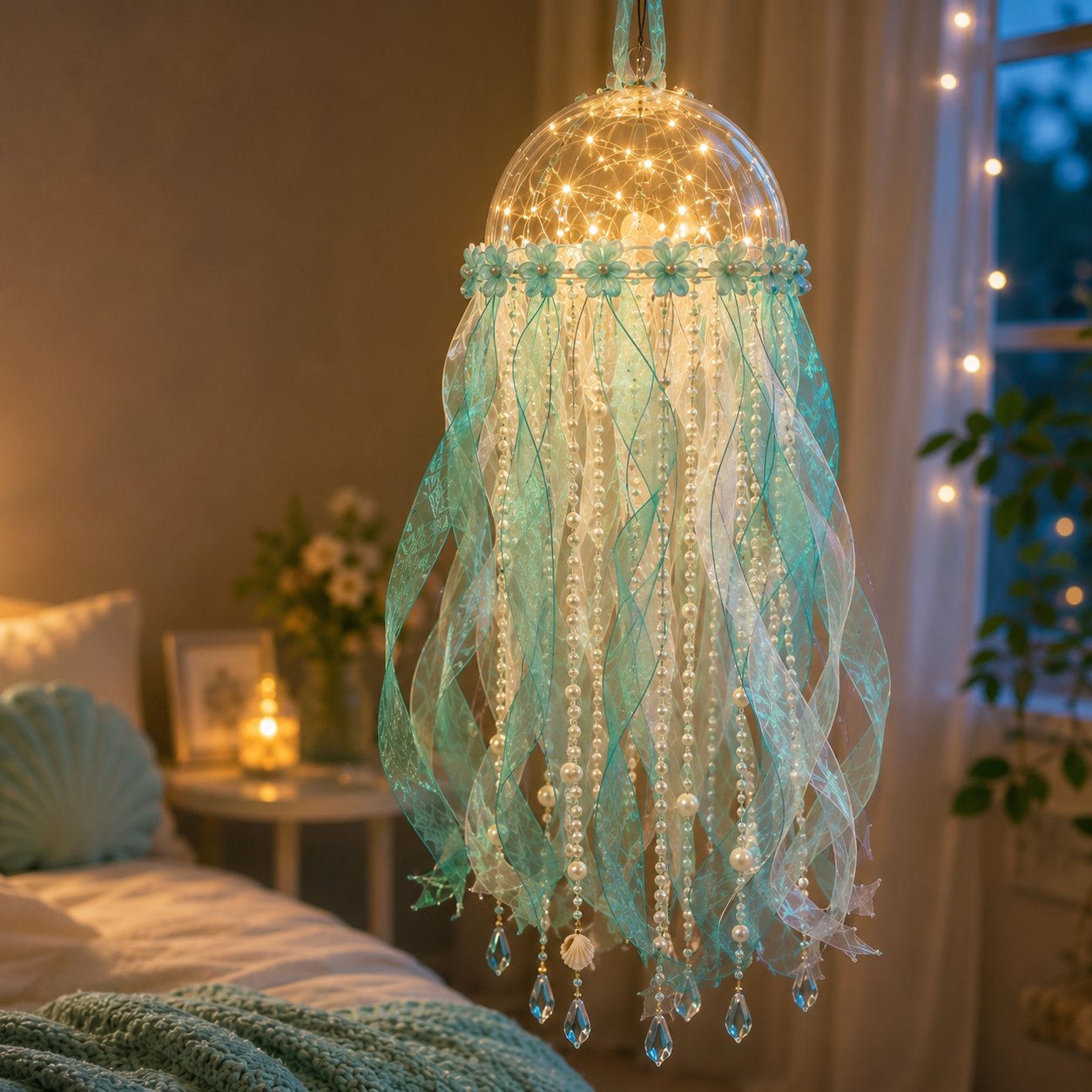 🎁 BUY 2 & GET FREE SHIPPING – 🪼 DIY Glowing Jellyfish Hanging Decoration Kit | Dreamy Floating Glow with Iridescent Ribbons, Pearls & Fairy Lights ✨
