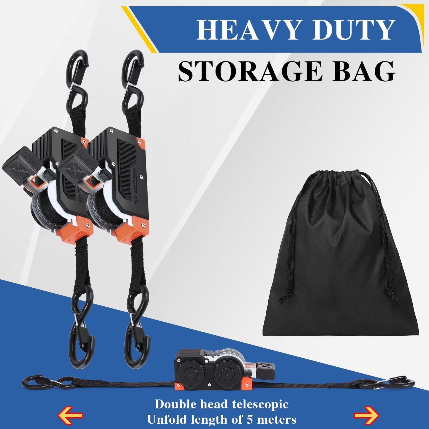 Dual-End Retractable Ratchet Straps, Black Nylon, 1 Inches x 16 Feet, 1500lb Capacity, Steel S-Hook with Clip for Motorcycles, Kayaks, Boats, ATVs