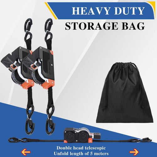 Dual-End Retractable Ratchet Straps, Black Nylon, 1 Inches x 16 Feet, 1500lb Capacity, Steel S-Hook with Clip for Motorcycles, Kayaks, Boats, ATVs