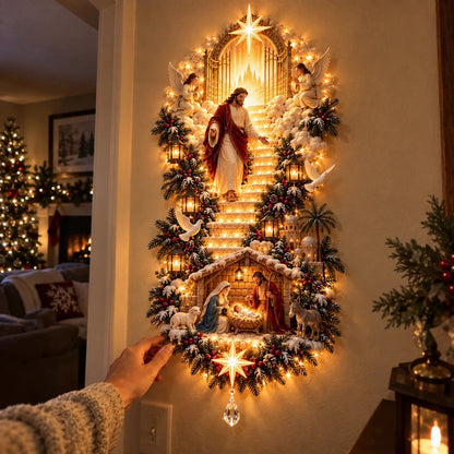 ✨ Jesus Light of Heaven Christmas Wall Hanging | Illuminated Nativity Stairway Decor ✝️