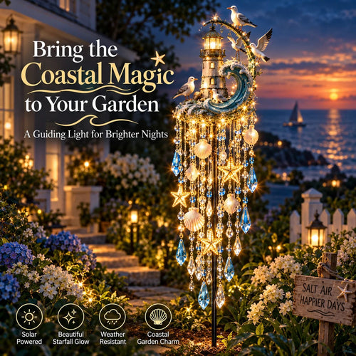 Lighthouse Tide Glow solar coastal garden stake light in a sunset garden